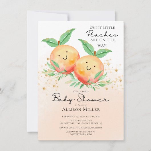 Sweet Little Peaches Twins Baby shower Invitation Kaart (Voorkant)