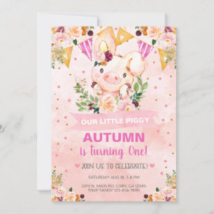 Sweet Little Piggy Pig Girl Birthday Invite. Uitno Kaart