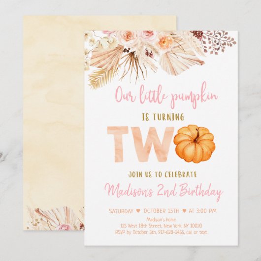 Sweet Little Pumpkin Boho Second Birthday Kaart (Voorkant / Achterkant)