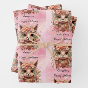 Sweet Llama Birthday Girl Naam toevoegen Alpaca 3 Inpakpapier Vel