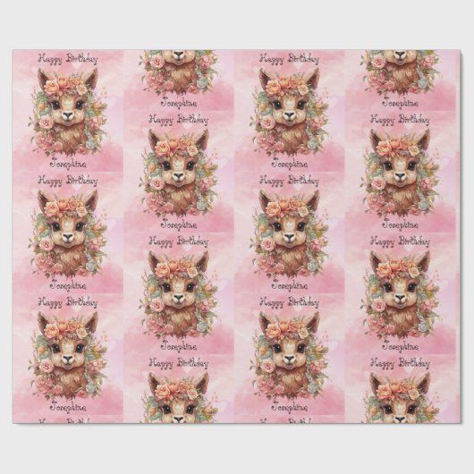 Sweet Llama Birthday Girl Naam toevoegen Alpaca Pi Cadeaupapier (Vlak)