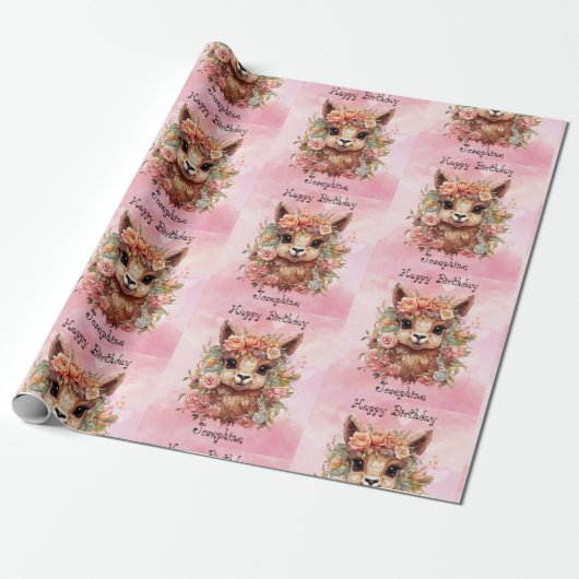 Sweet Llama Birthday Girl Naam toevoegen Alpaca Pi Cadeaupapier (Uitgerold)