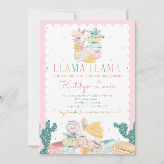 Sweet Llama Pastel Baby shower Invitation Cactus (Devant)