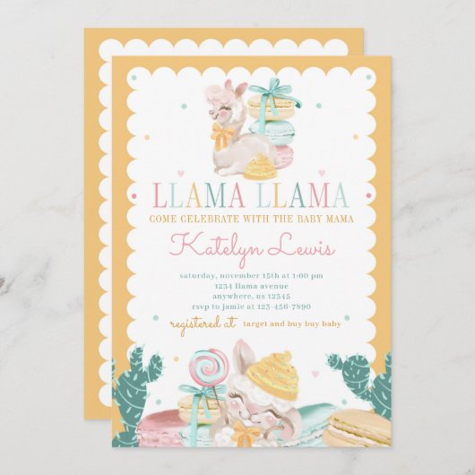Sweet Llama Pastel Baby shower Invitation Cactus (Devant / Derrière)