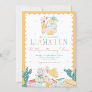 Sweet Llama Pastel Birthday Invitation with Cactus Kaart