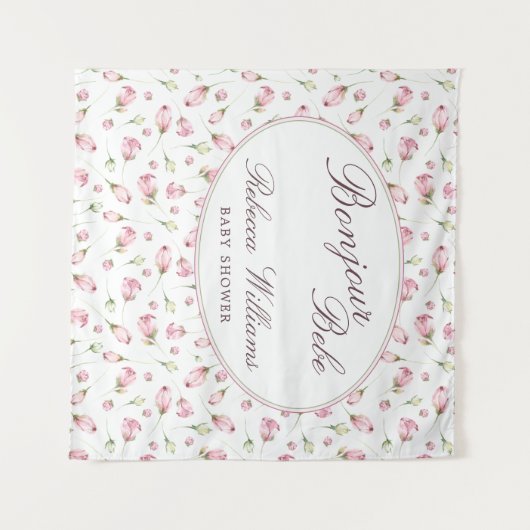 Sweet Macaron Bonjour Bebe rozen Baby shower Wandkleed (Voorkant (horizontaal))