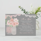 Sweet Mason Jar Roze & Grijs Baby shower Invitatio Kaart (Staand voorkant)