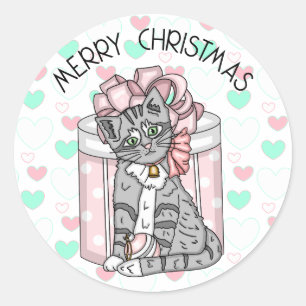 Sweet Merry kerst Grijze Kitten Roze Cadeaus Ronde Sticker