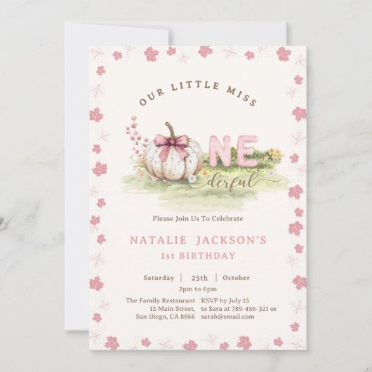 Sweet Miss Onederful Pink Bow Pumpkin 1st Birthday Kaart (Voorkant)