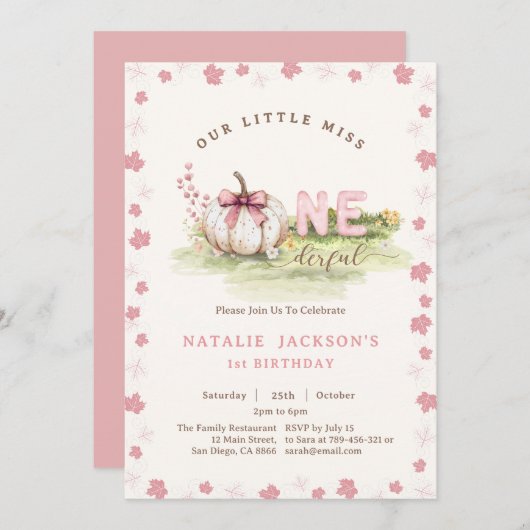 Sweet Miss Onederful Pink Bow Pumpkin 1st Birthday Kaart (Voorkant / Achterkant)