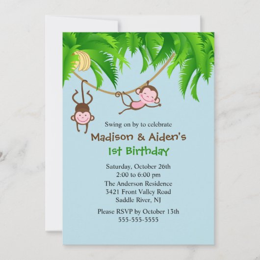 Sweet Monkeys Twin Birthday Invitation Kaart (Voorkant)