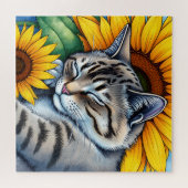 Sweet Napping Gray Cat and Sunflower Legpuzzel (Horizontaal)