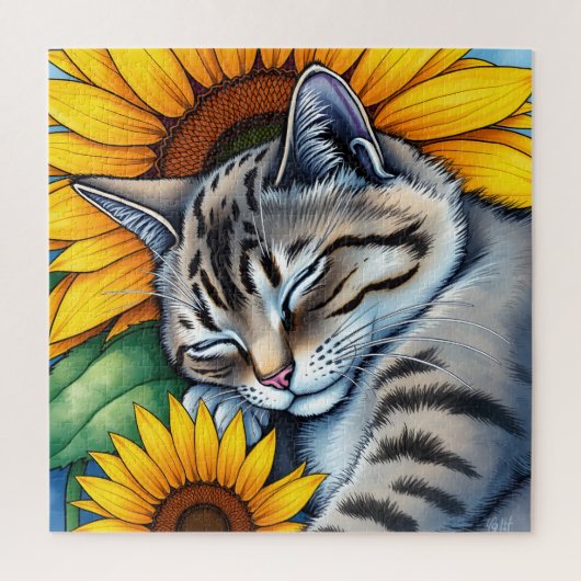 Sweet Napping Gray Cat and Sunflower Legpuzzel (Verticaal)