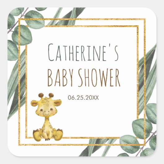 Sweet Oerwoud Safari Giraffe Botanisch Baby shower Vierkante Sticker (Voorkant)