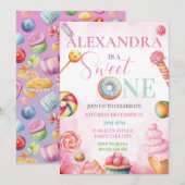 Sweet One 1st Birthday Invitation for Girls Candy (Devant / Derrière)