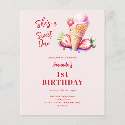 Sweet One Aardbeienijs 1e verjaardag uitnodiging (Voorkant)