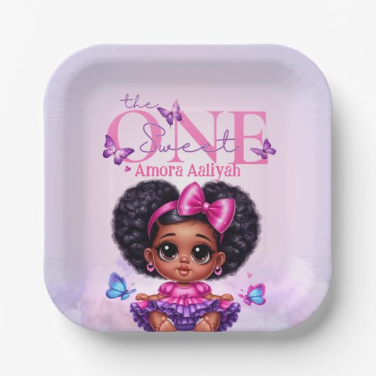 Sweet ONE Afro Puff Baby Meisje Paarse 1e Verjaard Papieren Bordje (Voorkant)
