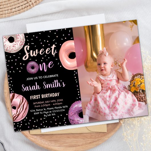Sweet One Black Photo Donut Invitations Anniversai