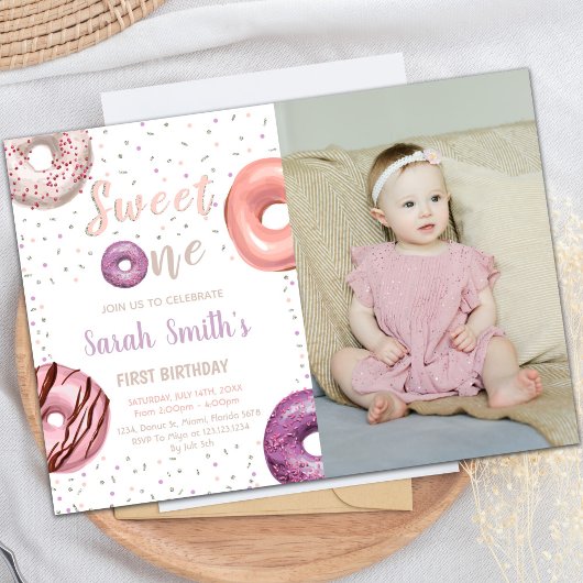 Sweet One Donut Anniversaire Invitations avec phot