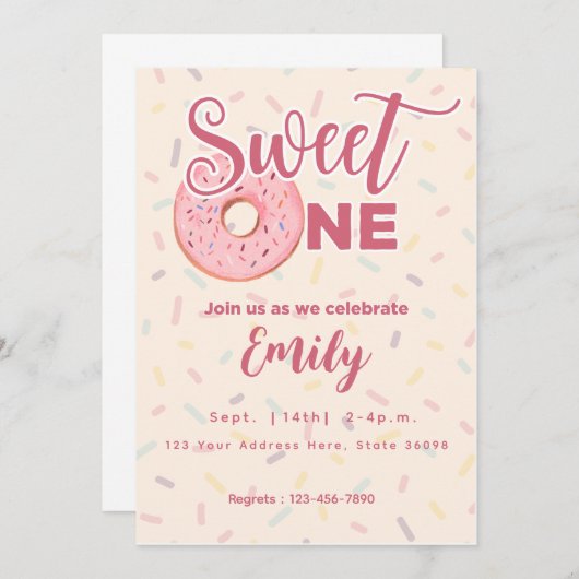 Sweet One First Day Uitnodiging (Voorkant / Achterkant)