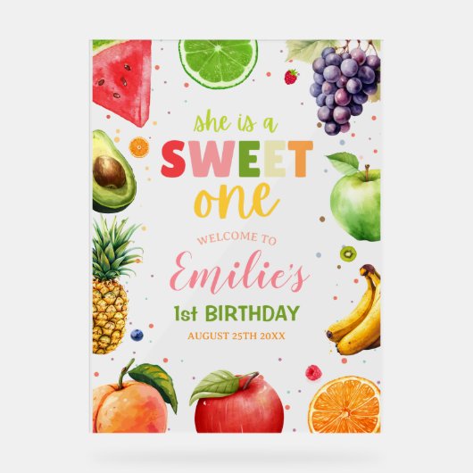 Sweet One Fruit 1st Verjaardag Bash, Zomerfeest Acryl Bord (Voorkant)