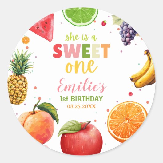 Sweet One Fruit 1st Verjaardag Bash, Zomerfeest Ronde Sticker (Voorkant)
