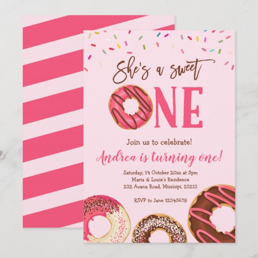 Sweet One Girl Donut thème Anniversaire Invitation (Devant / Derrière)