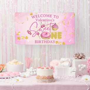 Sweet One Girl's 1e Verjaardag Roze Gouden Dessert Spandoek