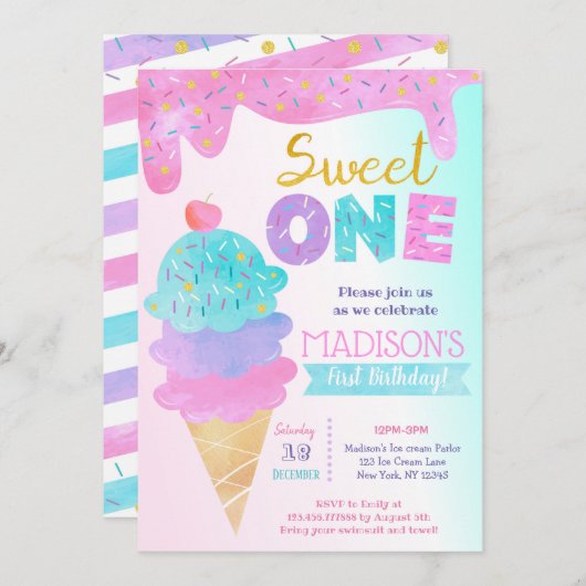 Sweet One Ice Cream First Birthday Invitations (Devant / Derrière)