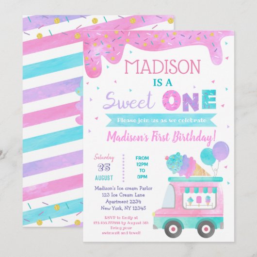 Sweet One Ice Cream First Birthday-uitnodigingen Kaart (Voorkant / Achterkant)