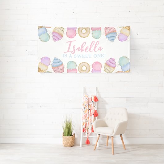Sweet One Pastel 1st Birthday Party Backdrop Large Spandoek (Insitu)