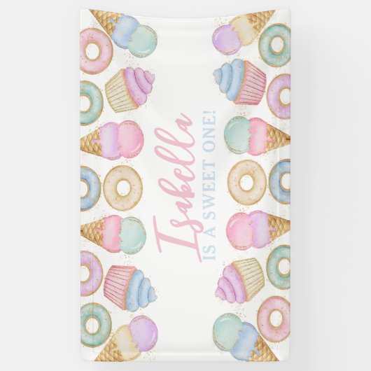 Sweet One Pastel 1st Birthday Party Backdrop Spandoek (Verticaal)