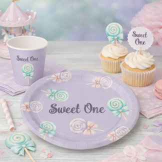 Sweet One Pastel Lollipop First Birthday Paper Papieren Bordje