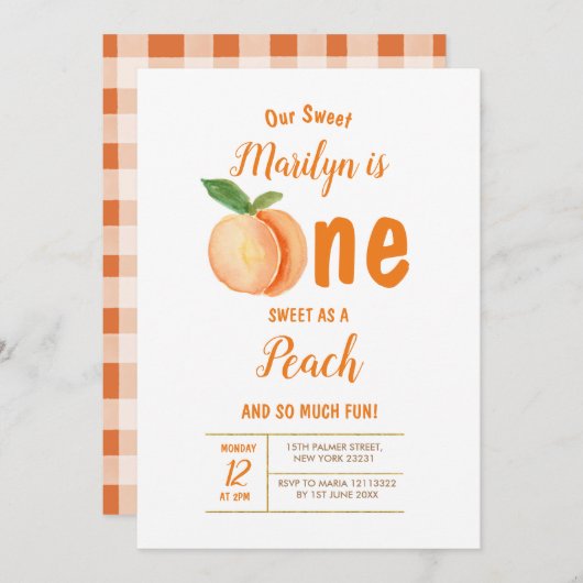 Sweet One Peach First Birthday Invitation (Devant / Derrière)