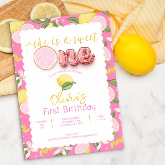 Sweet One Pink Lemonade 1e verjaardag Uitnodigen Kaart