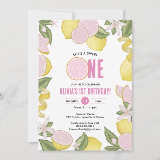 Sweet One Pink Lemonade 1er Invitation d'anniversa (Devant)