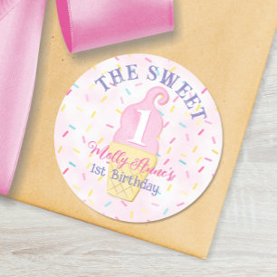 Sweet ONE roze ijs kegel 1e verjaardag meisje Ronde Sticker