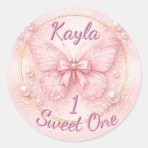 Sweet One Roze Vlinder 1e Verjaardag Ronde Sticker