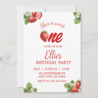 Sweet one strawberry first Birthday Invitation Kaart