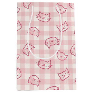 Sweet Pastel Roze Hand getrokken Cat Face Gingham Medium Cadeauzakje
