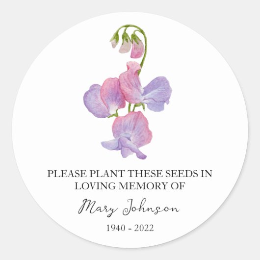 Sweet Pea Memorial Funeral Seed Packet Ronde Sticker (Voorkant)