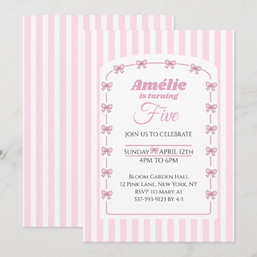 Sweet Pink Bow Coquette Fifth Birthday Party Kaart (Voorkant / Achterkant)