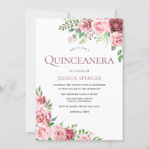 Sweet Pink & Burgundy Rozen Quinceanera Invite Kaart