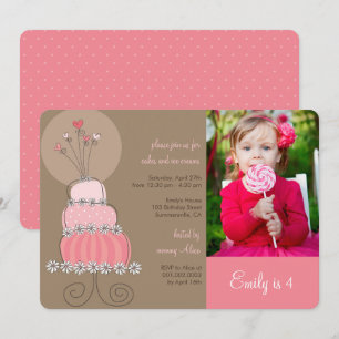 Sweet Pink Cake Girl Birthday Party Photo Invite Kaart