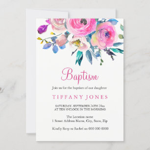 Sweet Pink Colorful Floral Baptism Invite Kaart