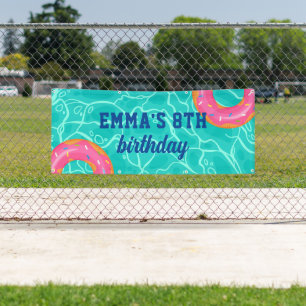 Sweet Pink Donut Blue Water Pool Party Verjaardag Spandoek