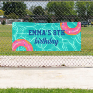 Sweet Pink Donut Blue Water Pool Party Verjaardag Spandoek