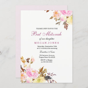 Sweet Pink Floral Girl Bat Mitzvah Uitnodiging