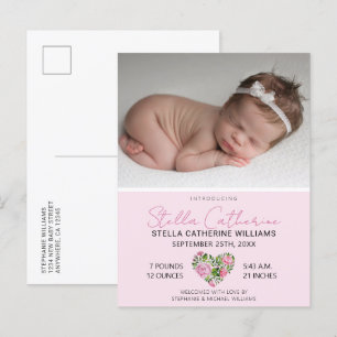 Sweet Pink Floral Heart Baby Foto geboorte Aankondigingskaart