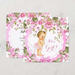 Sweet Pink Floral Roos Baby shower Girl Blonde Kaart